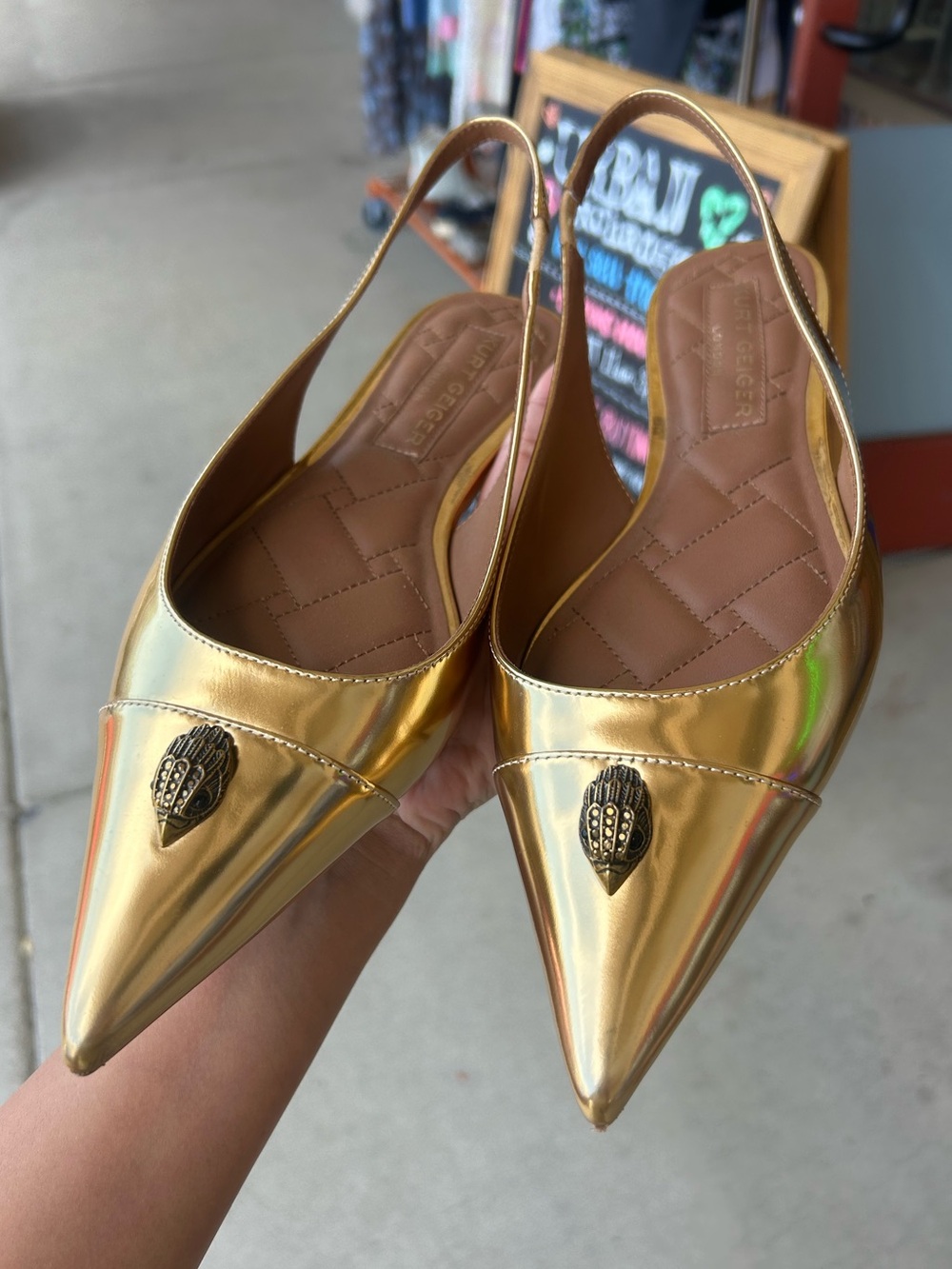 Kurt Geiger The Belgravia Slingback Flat in Gold Patent Leather - Picture 2 of 9